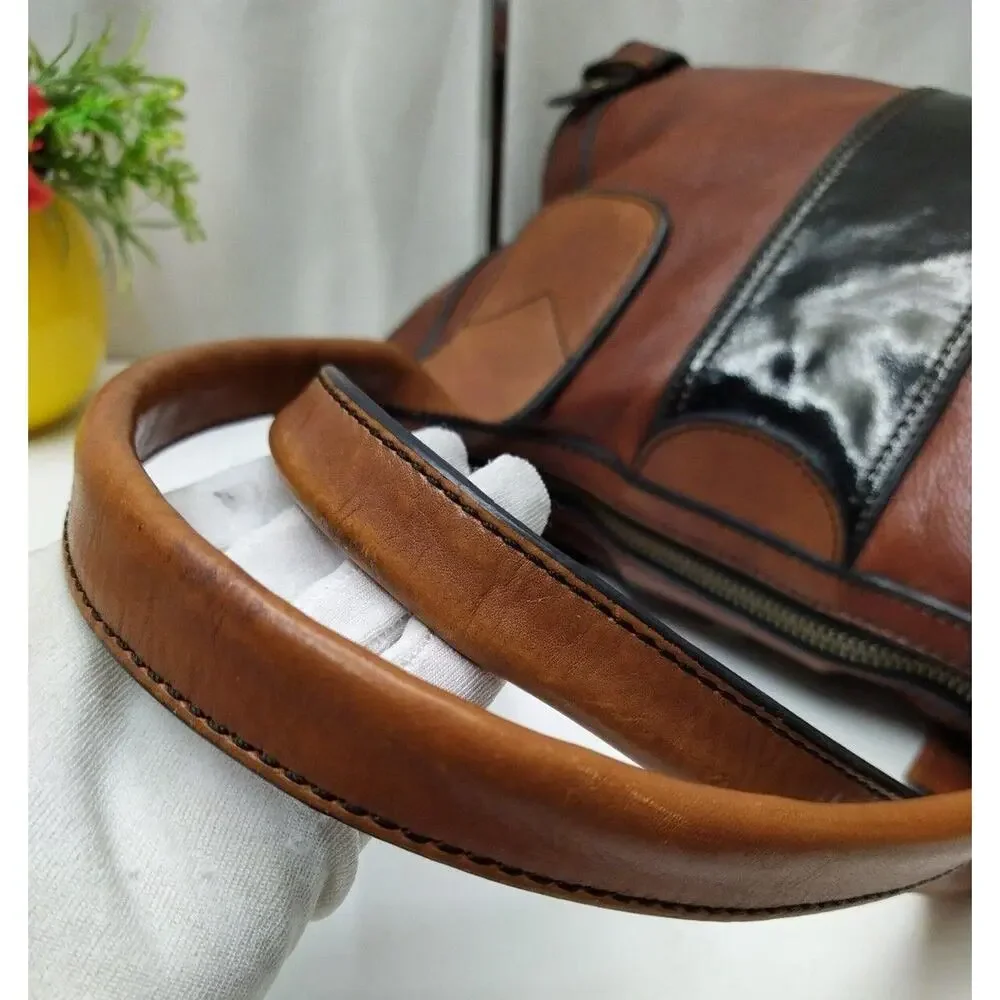 Fossil Maddox Brown Leather Black Stripe Zipper Satchel Shoulder Bag